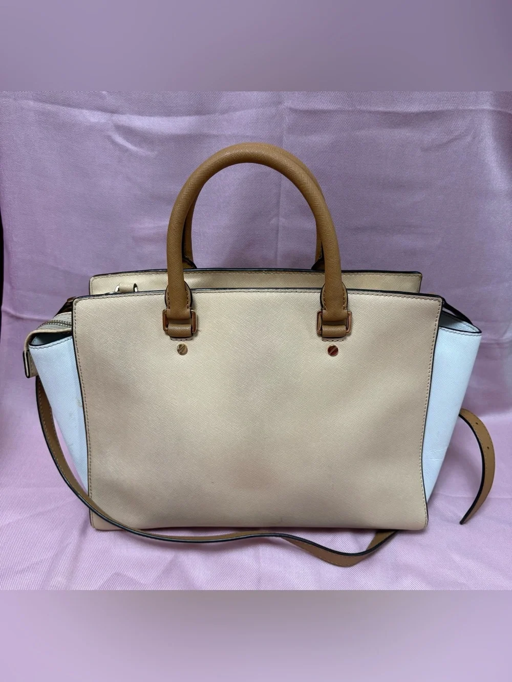Michael Kors Selma Tan and White Saffiano Leather Satchel